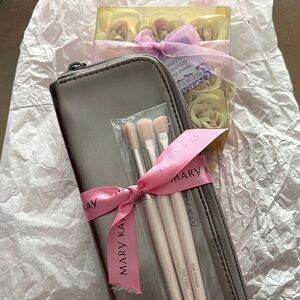 New - Mary Kay Brush Set with Pink Ribbon, Gray Case and soap petals.